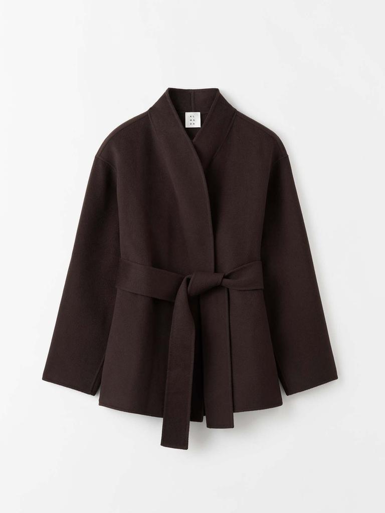 Spring Autumn Women's Coat Wool Brown Short Loose Tie Waist Overcoat for Women