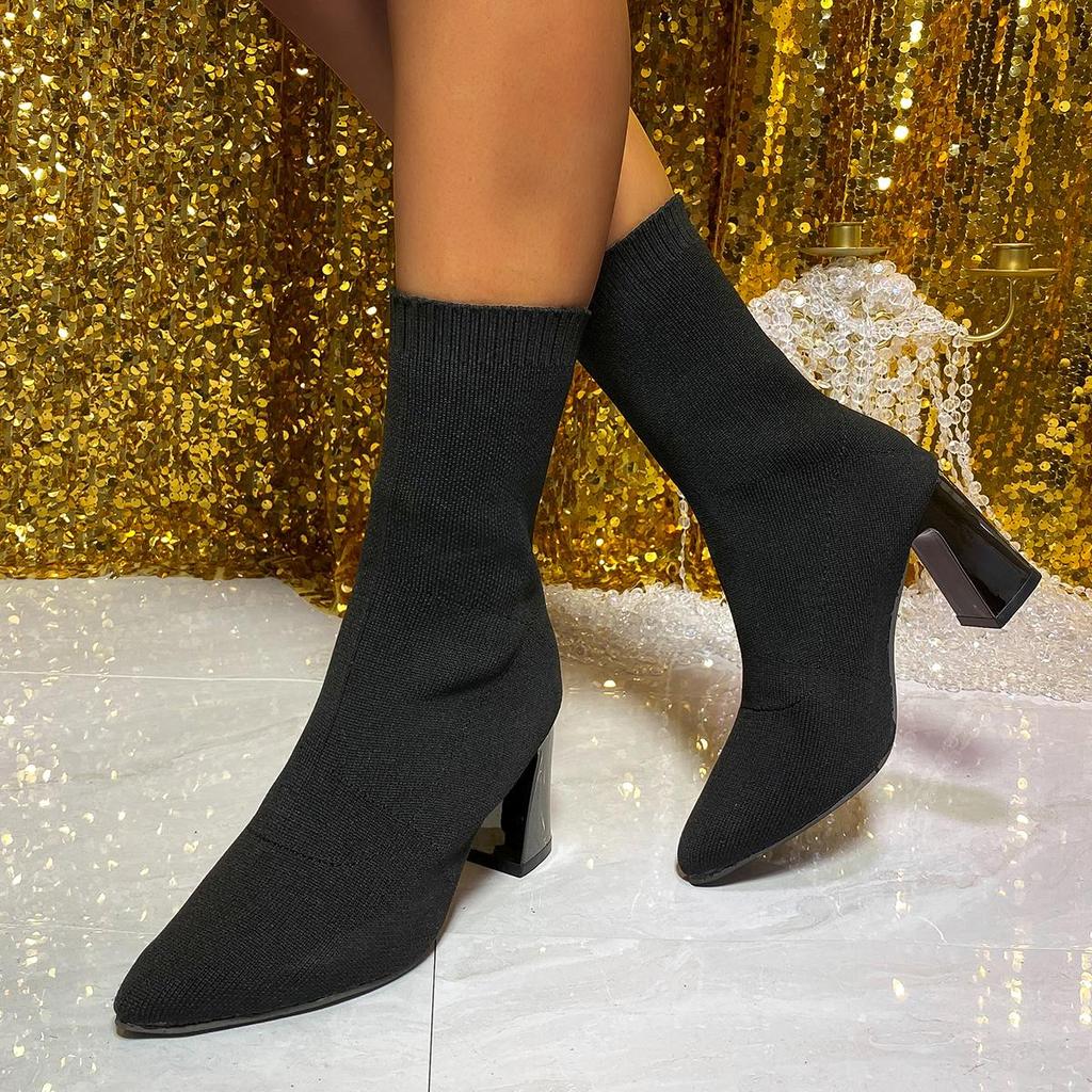 2025 Herbst/Winter Gestrickte Elastische Stoffsockenstiefel Damen High Heels Kurze Stiefel Spitz Damen Stiefeletten Größe 42