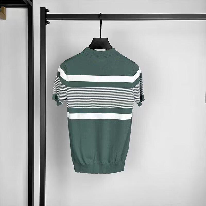 Herren Sommer Slim Gestreiftes Kurzarm-Poloshirt - Trendiges, lässiges Strick-T-Shirt mit Revers in Kontrastfarbe