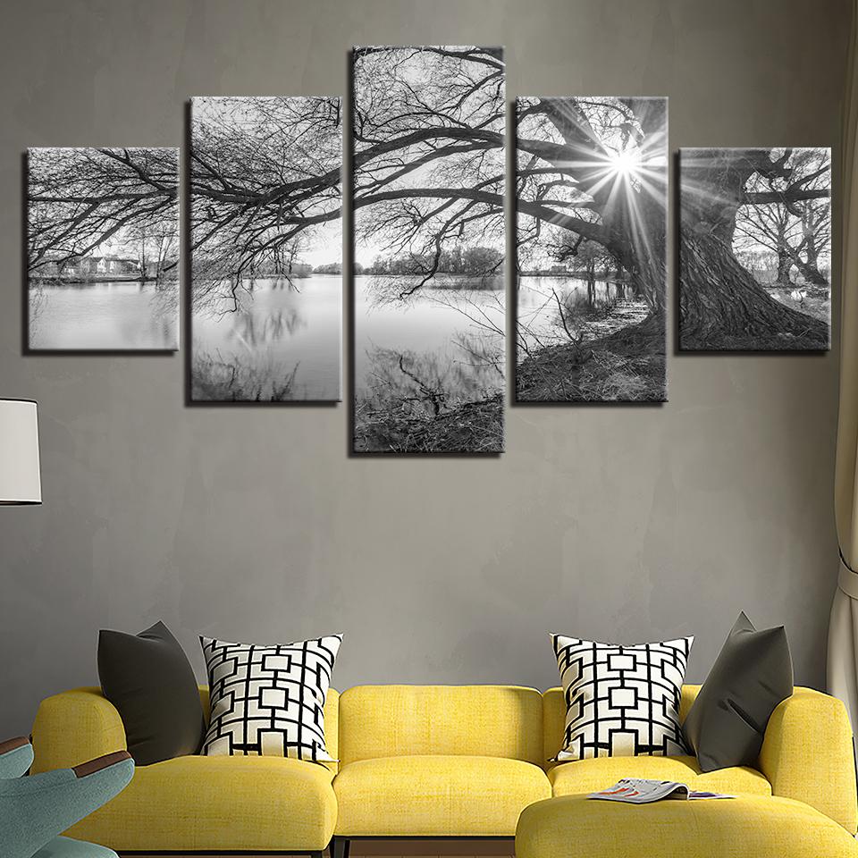 

Canvas Pictures for Living Room Wall Art Poster Lake, Big Trees, Painting Black and White Landscape, Home Decor, 5 PCs 20X35 20X45 20X55CM