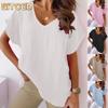 Women's Fashion Casual Solid Color Print Short Sleeve V Neck Blouses & Shirts