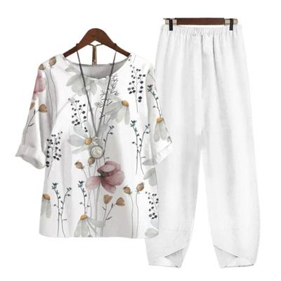 Ensemble T-shirt et pantalon pour femmes, imprimé floral, taille élastique, demi-manches, col rond, jambes larges, décontracté, 2 pièces/ensemble