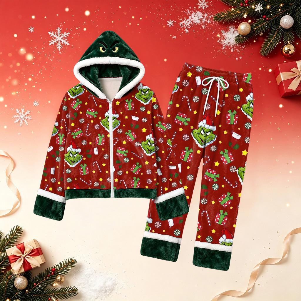 Women's Casual Loose Fit Christmas Print Lined Hooded Pajama Top and Pants Set