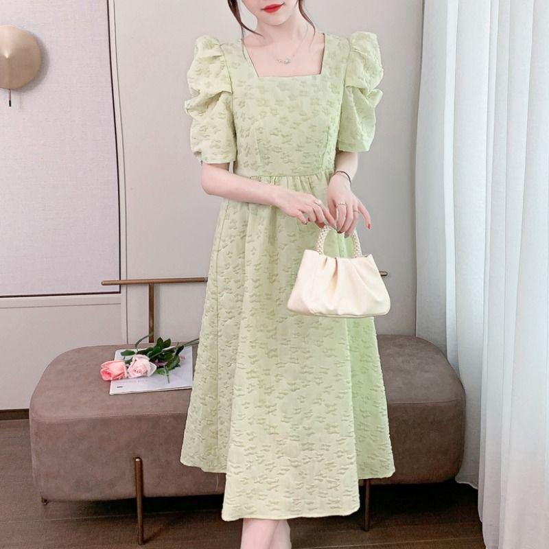 2026 French Hepburn-Style Green Summer Dress for Women S (80-95 lbs)