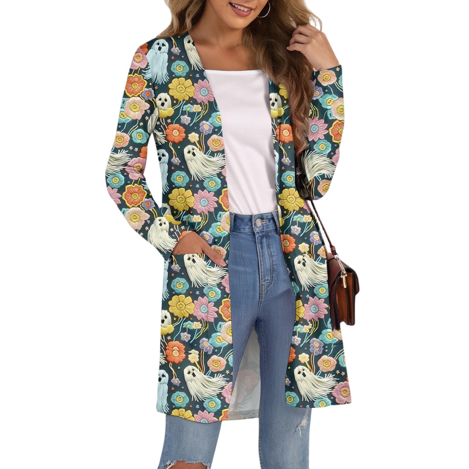 

Женский модный повседневный удобный кардиган средней длины с принтом на Хэллоуин и карманами M