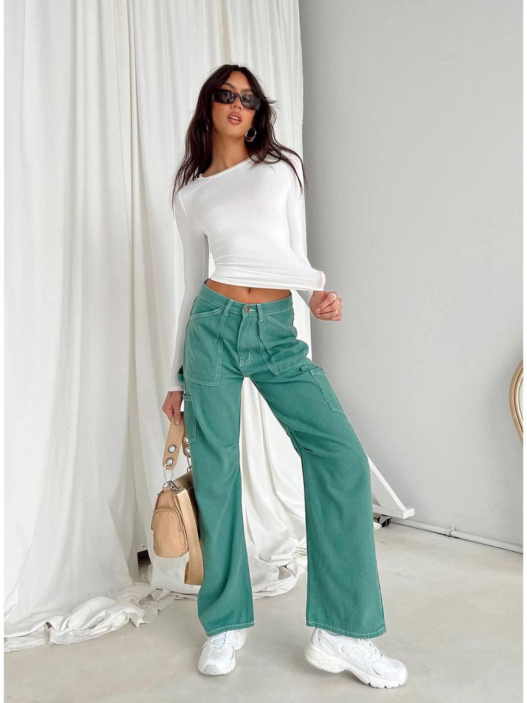 2023 Women's Autumn Slim Fit Irregular Long Sleeve T-Shirt - Solid Color, Round Neck