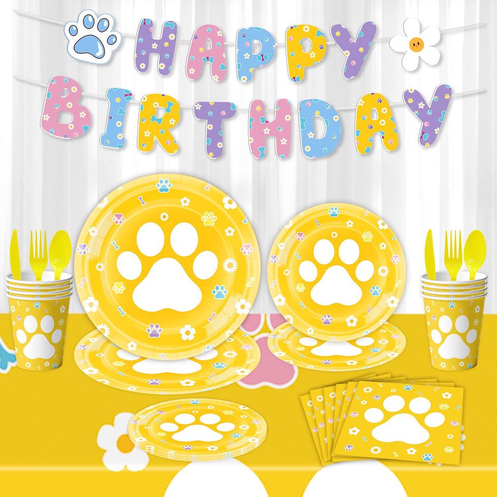 Adorable Dopamine Dog Paw Birthday Party Décor & Tableware Set