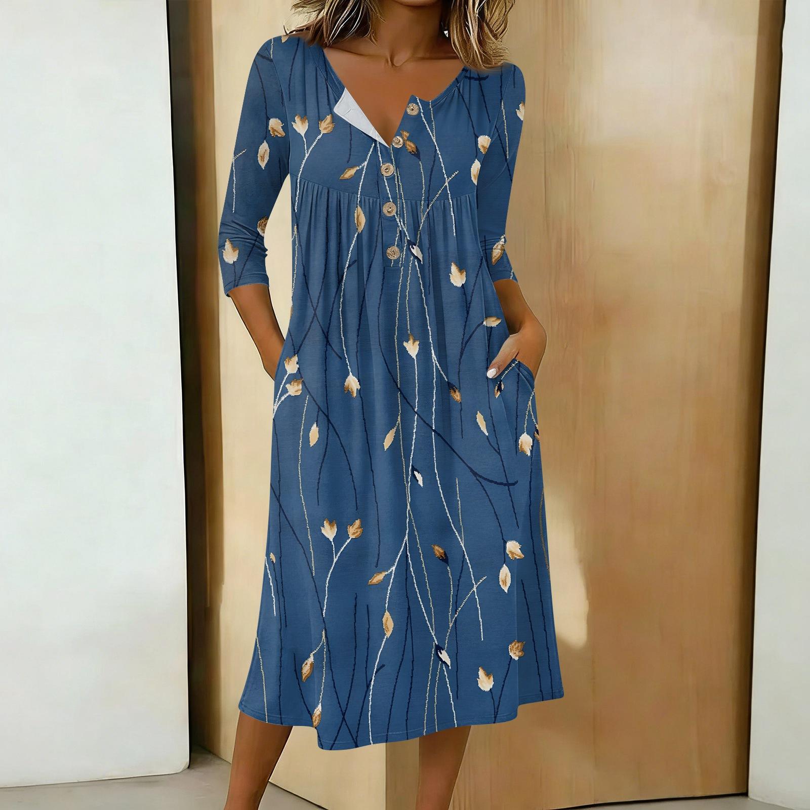 

Женское модное цветное платье с круглым вырезом, рукавом 3/4, воротником на пуговицах, средней длины, в повседневном стиле M синий