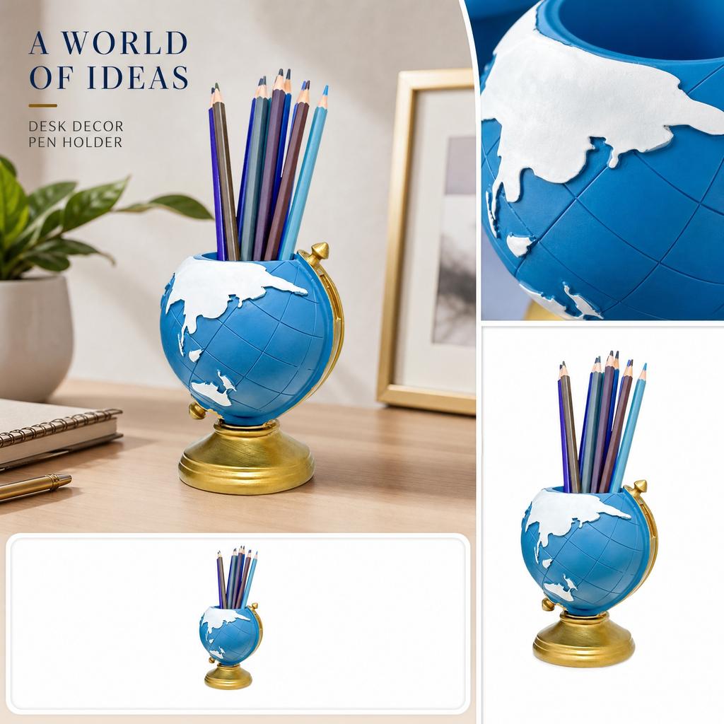 Pen Holder with Rotating World - Creative Desk , Stylish Home Decor, Perfect for Pens and Supplies