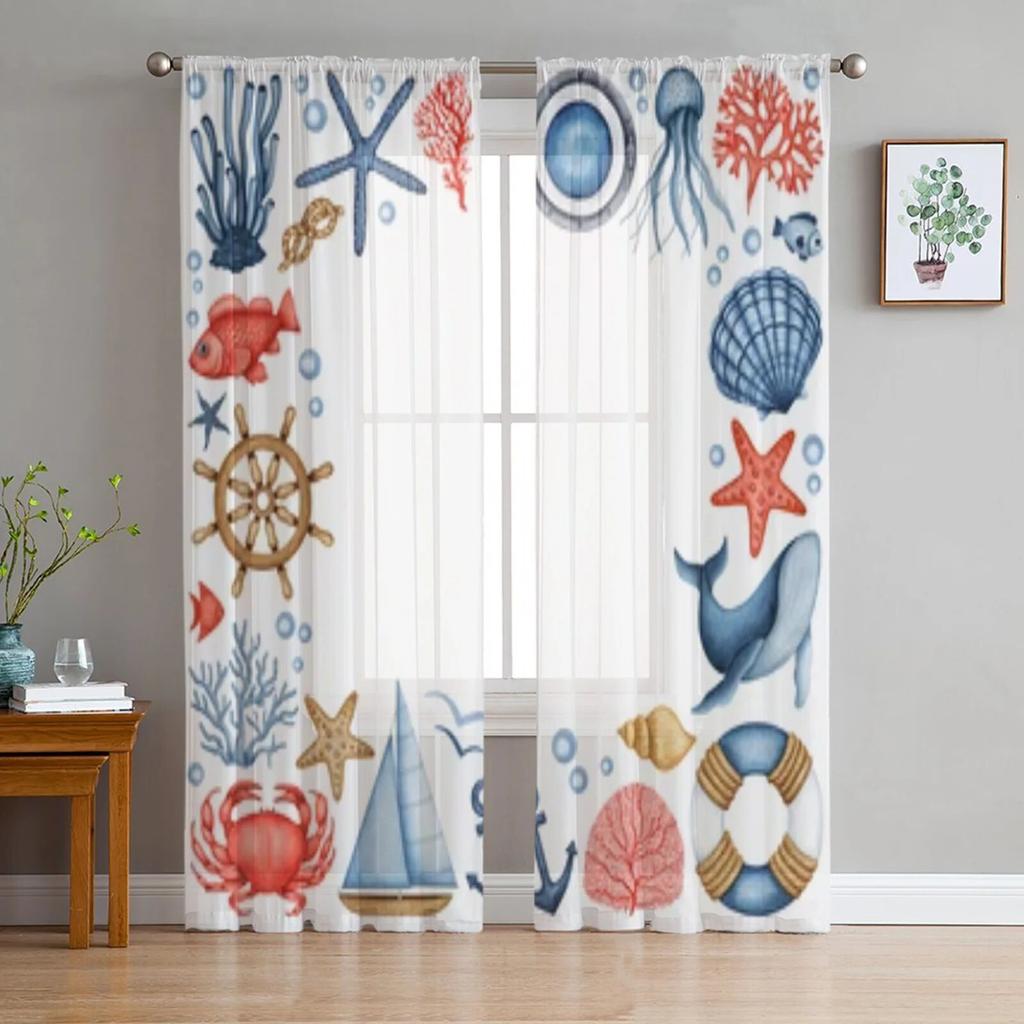 Watercolor Sea Life Seashell Sheer Curtains For Living Room Window Transparent Voile Tulle Curtain Bedroom Drapes Home Decor