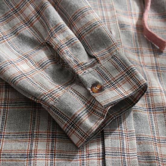 Women Coat Plaid Single-breasted Hooded Pocket Spring Shirt for Daily Wear