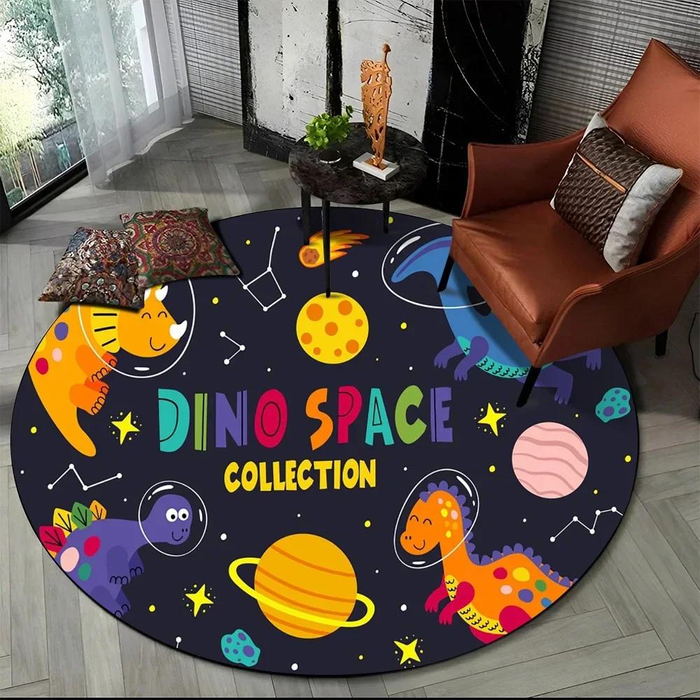 Cartoon Dinosaur Round Carpet Outer Space Cute Dino Area Rug for Living Room Bedroom Sofa Decor Non-slip Children's Crawling Mat