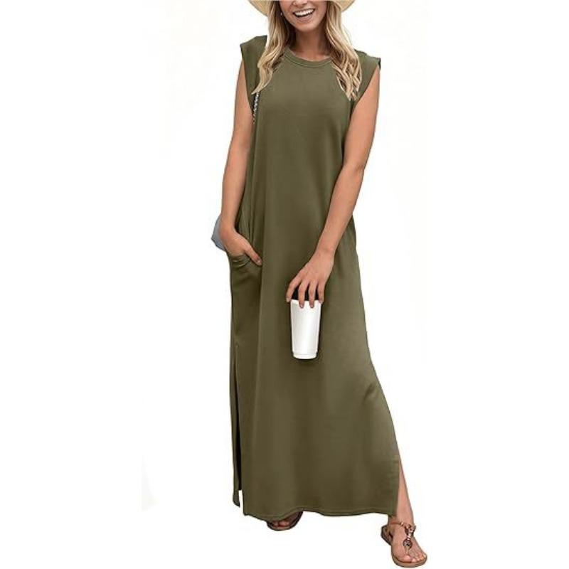 Women's Round-neck Loose Slit Sleeveless Long Pocket Dress