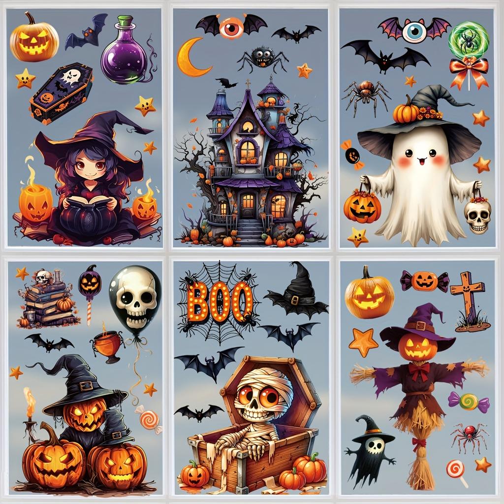 3D Halloween Window Sticker Set- Pvc Static Cling Halloween Decals With Castle,Bats,Witch,Pumpkins - Reusable Double-Sided Glass