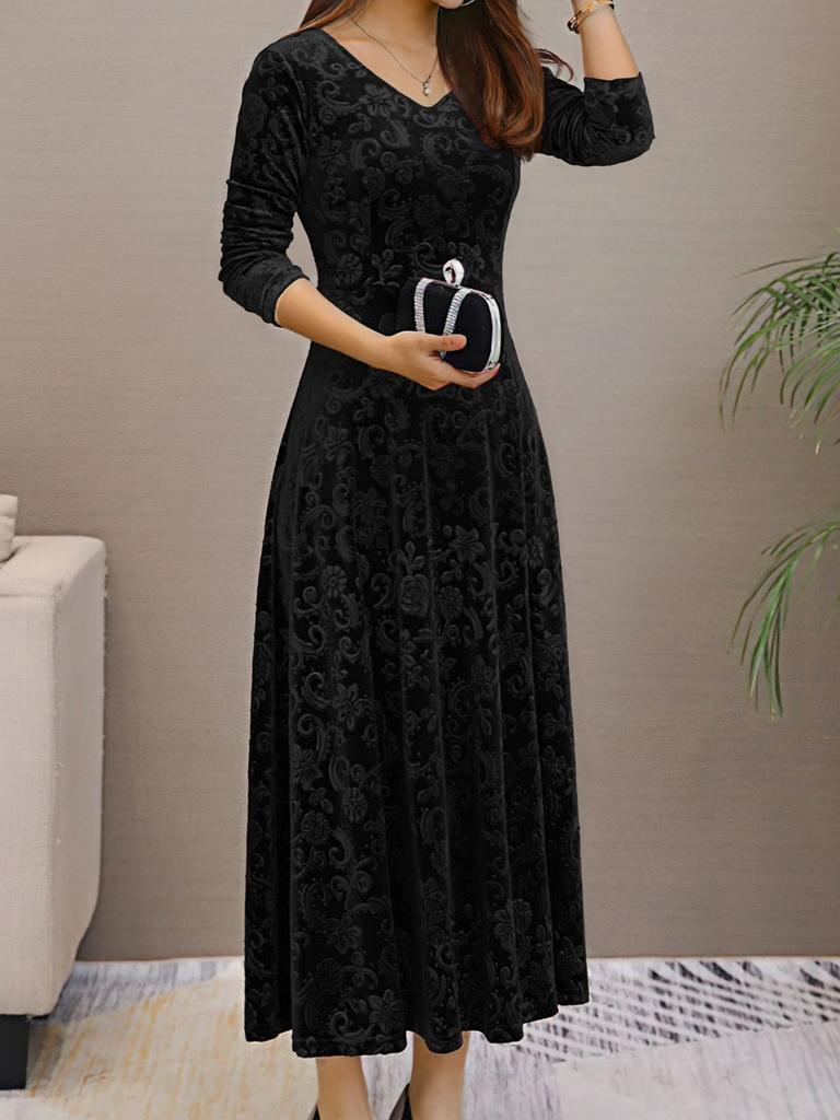 Spring Autumn New Style Elegant High-End Evening Gown Velvet Midi Dress for Women