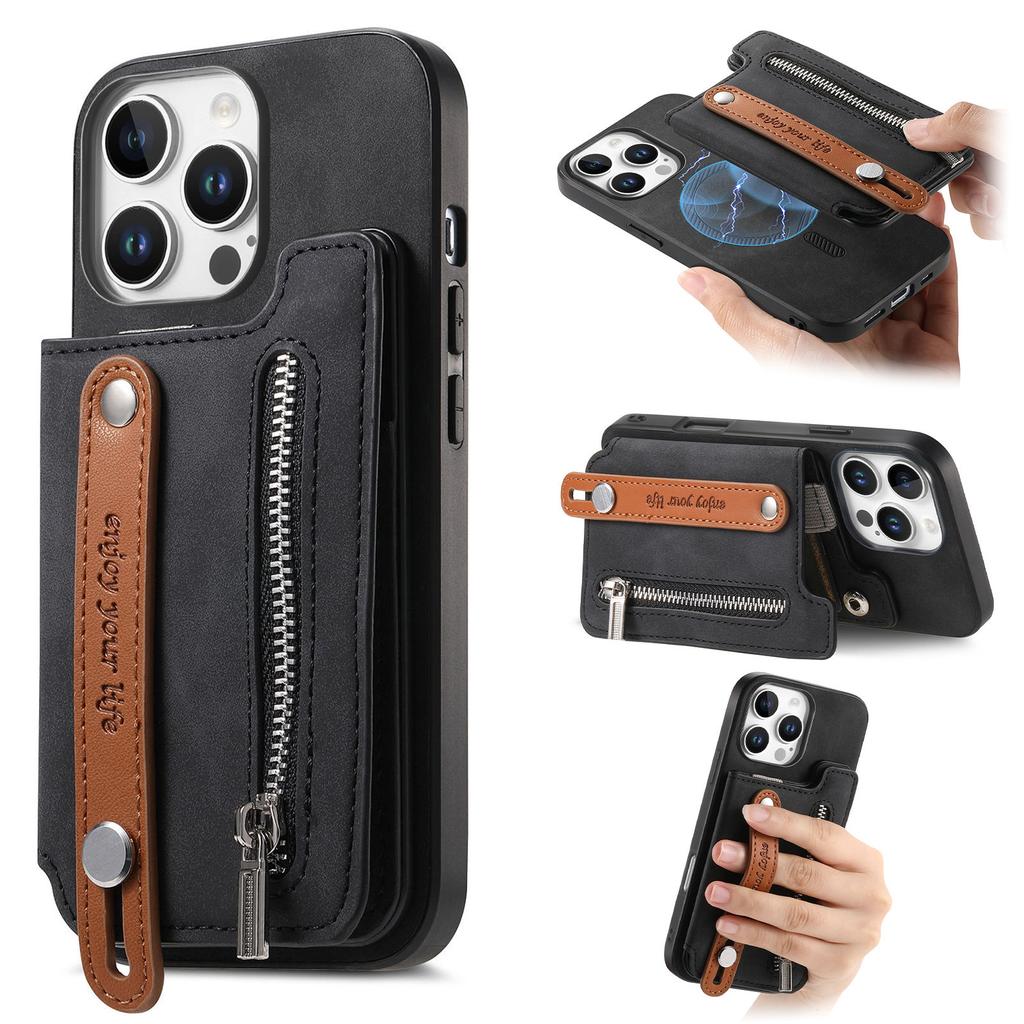 For iPhone 16 Pro Max Case Zipper Card Holder Leather+TPU+PC Phone Cover 2-in-1 Magnetic Detachable