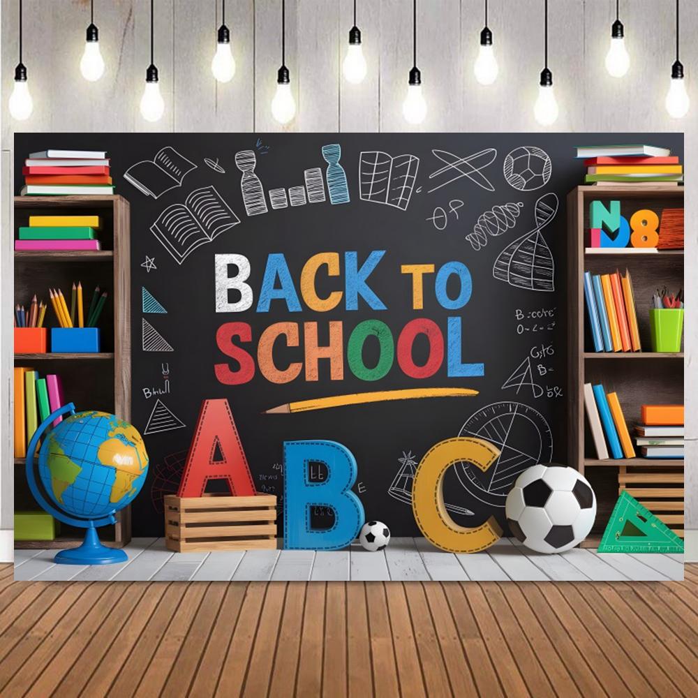 Welcome Back To School Photography Backdrop Black Chalkboard Globe Book First Day of School Homecoming Children Photo Background10