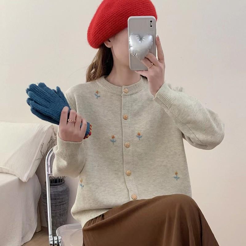 Korean Fashion Soft Embroidered Sweet Sweater Knit Cardigan Women Designer Versatile Coat