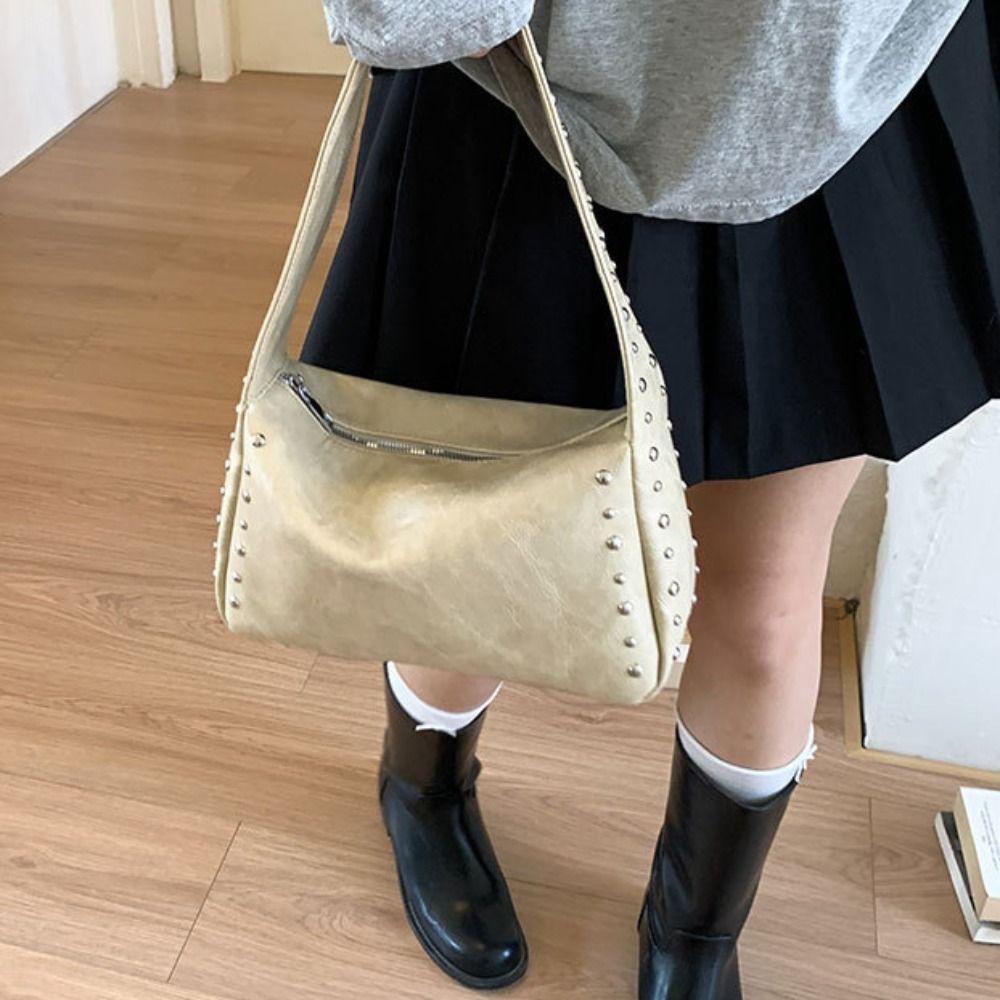 Spicy Girl Style Retro Rivet Handbag French Commuting Shoulder Bag Pillow Underarm Bag  Women
