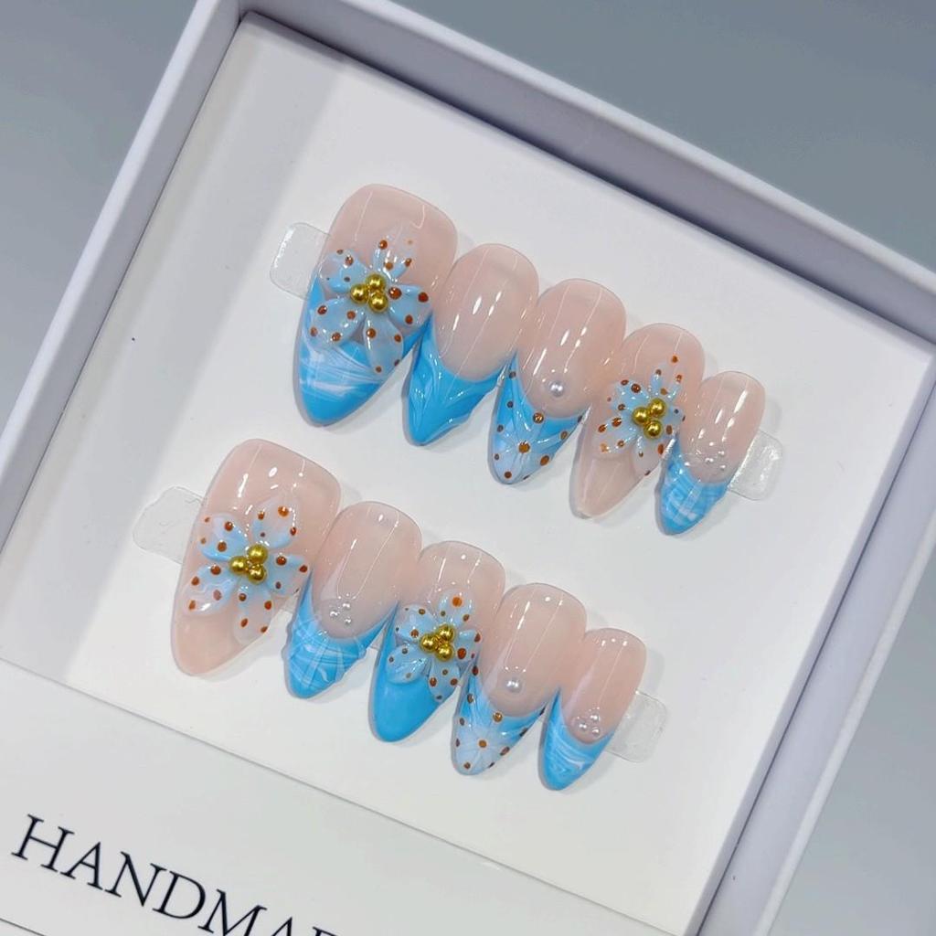 Almond Shape 3D Carved Blue Polka Dot Nails - Pure Handmade Wearable Style
