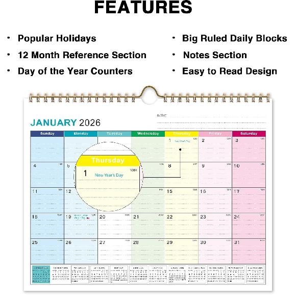 2026 Wall Calendar - 18 Monthly Calendar 2026-2027, Jan 2026 - Jun 2027, 15" x 11.5", Hanging Wall Calendar 2026 with Thick Paper, Lined Block,