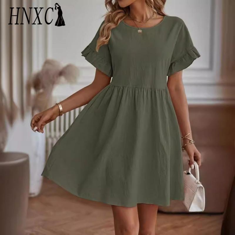 HNXC Vestidos casuales de cintura alta con cuello redondo y estampado de colores sólidos para mujer, moda de verano y primavera