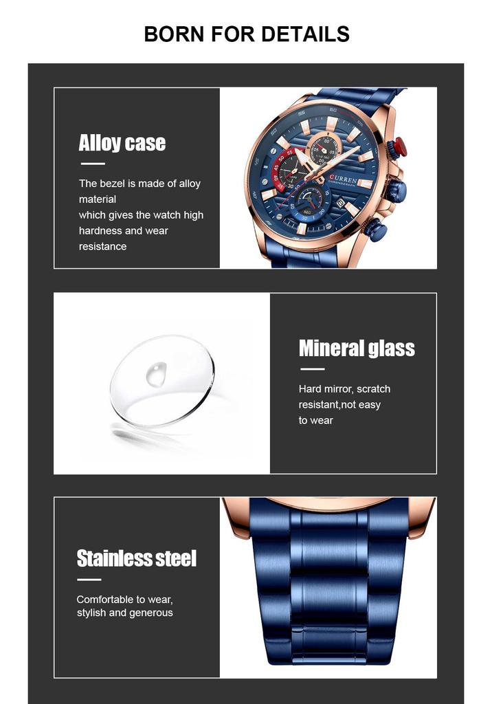 CURREN 8415 Men's Waterproof Stainless Steel Chronograph Quartz Sports Watch with Calendar.