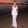Women European American Style Solid Color V Neck Sleeveless Hollow Out Bodycon Long Dress