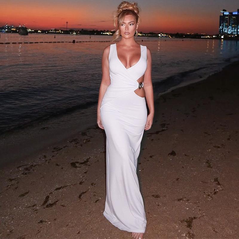 Women European American Style Solid Color V Neck Sleeveless Hollow Out Bodycon Long Dress