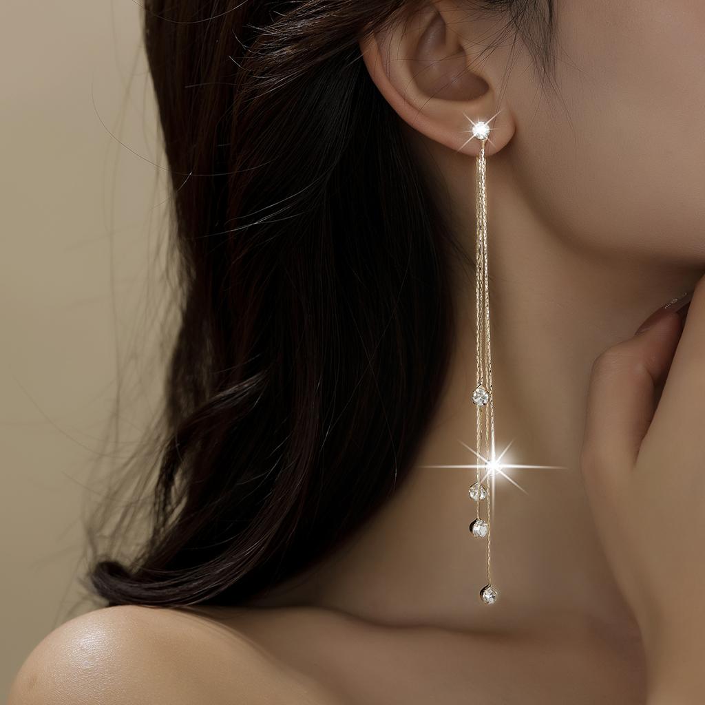 All-match Fashionable and Exaggerated Earrings Front 2 Back 3 Strings of Lucky Beads Tassel Earrings Earrings Long Rhinestone Ea