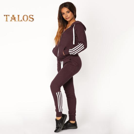 2 Pcs/Set Women Hoodie Pants Suit Hooded Long Sleeves Solid Color Zip-up Coat Elastic High Waist Ankle-banded Trousers Sport Fall Winter Tracksuit