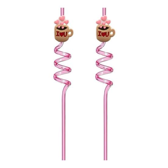 2Pcs Colorful Spiral Straws Creative Drinking Straws with Heart Lip Cake Charm Romantic Pink