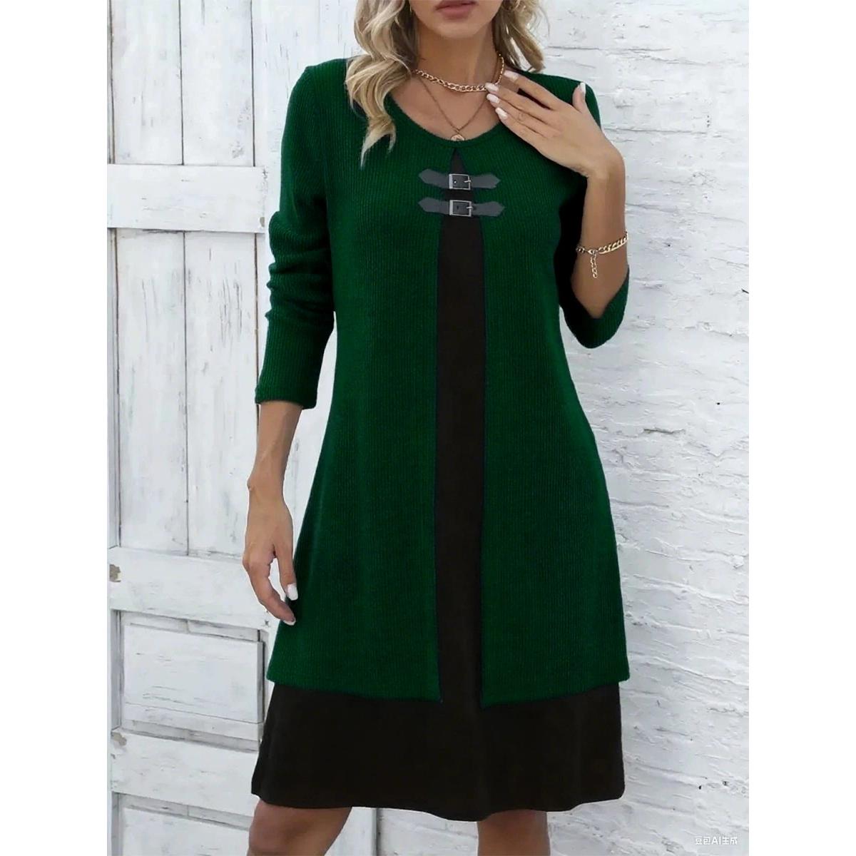 

Women s Fake Two-Piece Midi Dress Round Neck Long Sleeve A-Line Dress Casual Color Block Knitted Street Dresses 3XL темно-зелений колір