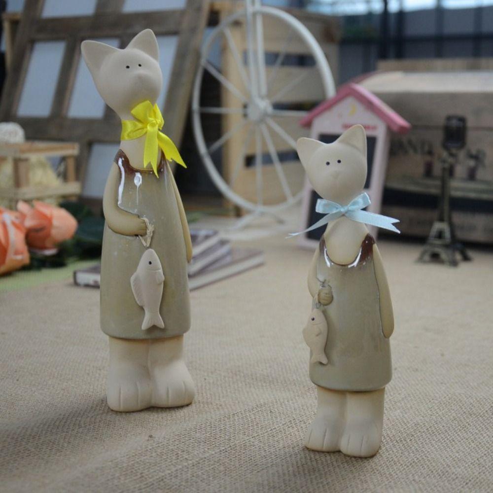 2pcs Modern Cat Figurines Ceramic Miniatures Sculpture Creative Animal Art Statues  Prop