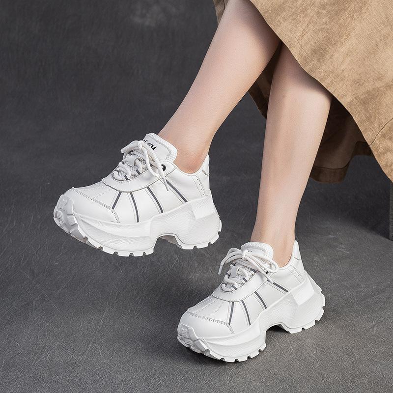 Scarpe da Ginnastica Retro a Suola Spessa Primavera Autunno Donna Vera Pelle Non Stanchevoli Scarpe da Viaggio per Piedi Sportive Tempo Libero Scarpe da Donna