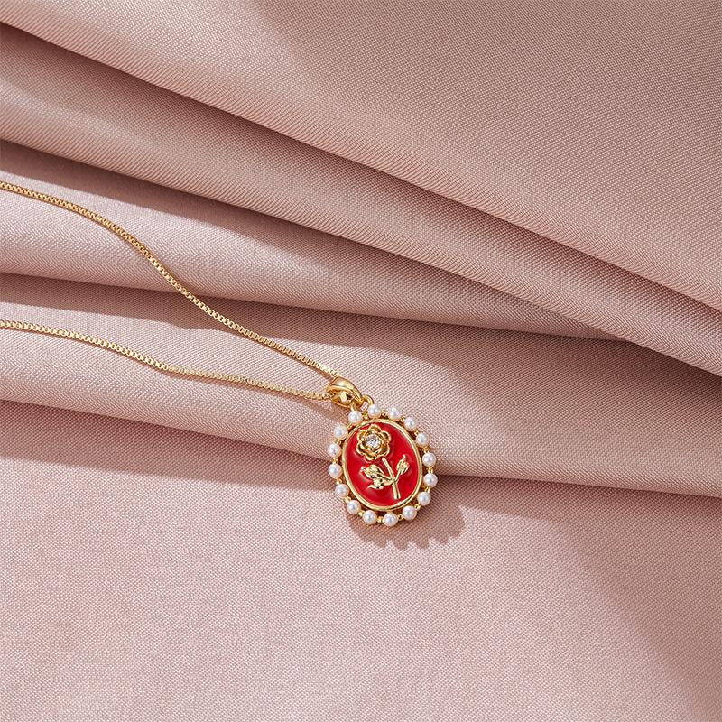 

Xiulu Oval Rose Necklace Women S Retro Trend Personality Versatile Small Pearl Pendant Jewelry