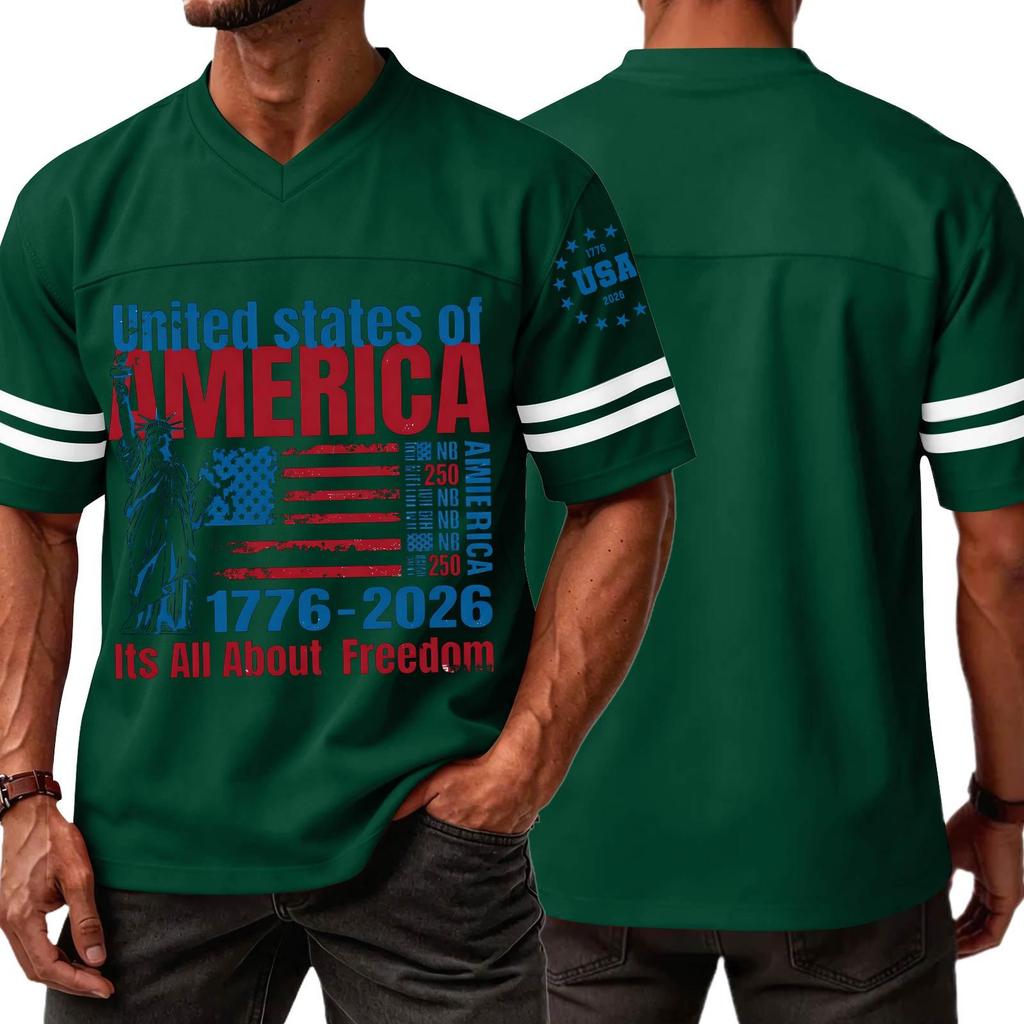 Mens V Neck Short Sleeve Sports T Shirt with States of America 1776 2026 Graphic and Statue of Print
