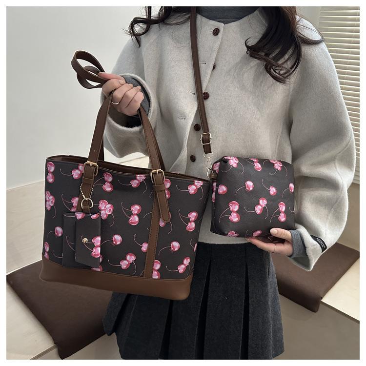 Einfaches Kirsch 3er Set Schultertaschen für Damen Große Kapazität Damen Pu Umhängetasche Tragbare Damen Einkaufstasche Handtaschen
