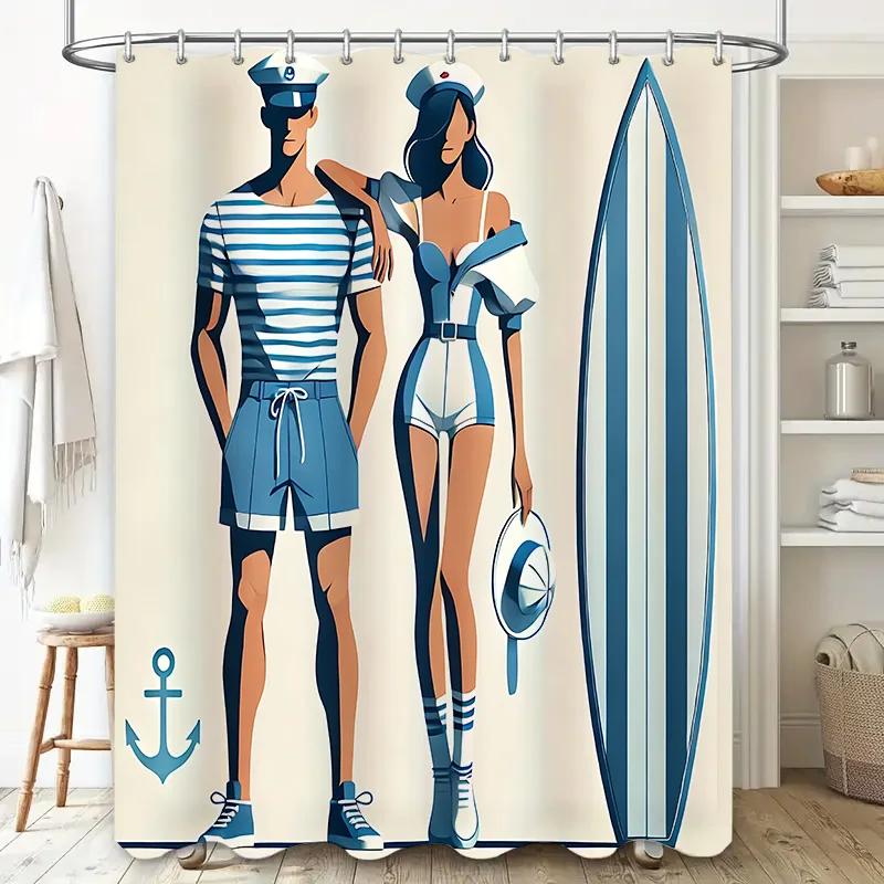 

Шторка для душа в морском стиле для ванной комнаты - Стильный сине-белый дизайн - Идеально для любителей пляжа - Прочная и водонепроницаемая W90xH180cm