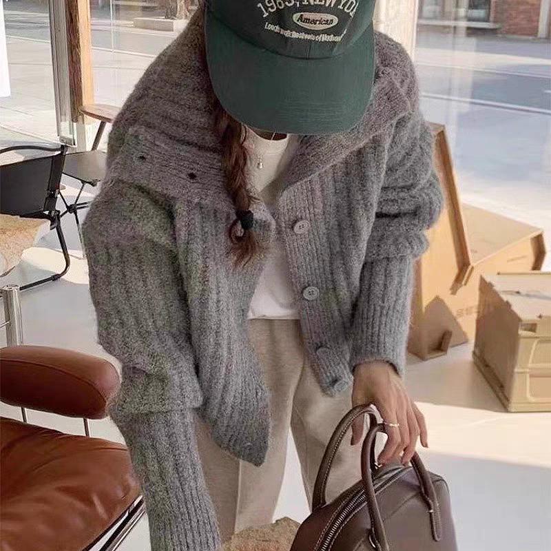 Winter High-neck Pit Strip Soft Waxy Single-breasted Thick-knit Cardigan, Warm, Loose, Simple and Lazy Style Thick Sweater Women