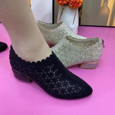 Pointed Thick Heel High Heels Deep Mouth Single Shoes 2025 Spring New Rhinestone Suede Cool Boots Mesh Women's Sandals