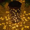 1Pc Outdoor Solar Metal Cutout Dragonfly Shape Table Lamp Chandelier Romantic Atmosphere Garden Decorative Lights