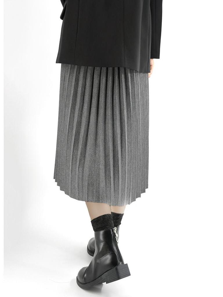 2023 New Wool Blend A-Line Midi Skirt: Pleated, Solid Color, Slimming, Great Drape for Autumn & Winter