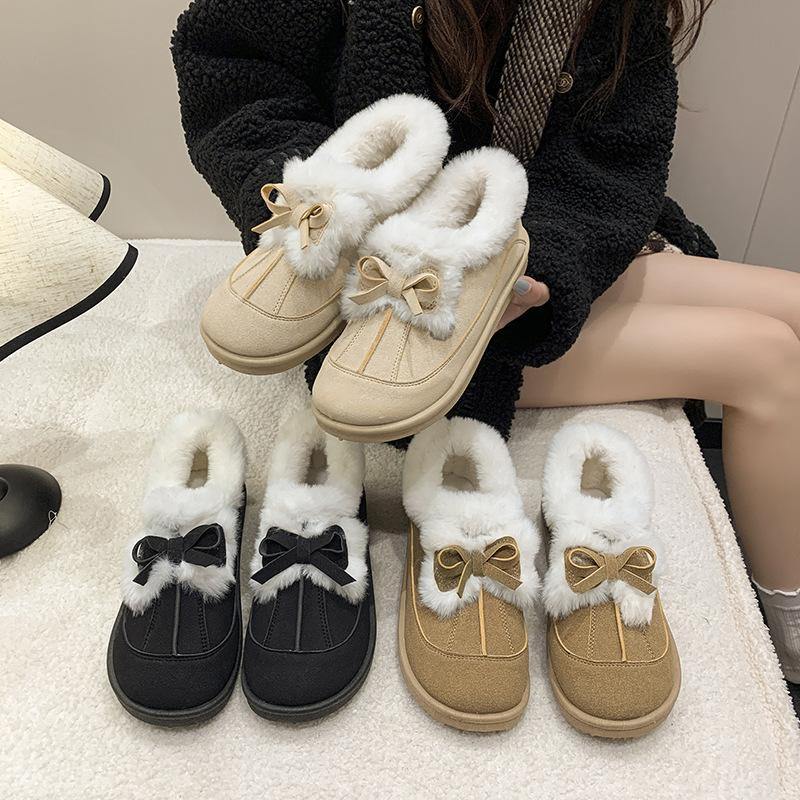 2025 winter new thick-soled bow velvet snow shoes fashionable versatile thickened fur integrated Northeast cotton shoes women