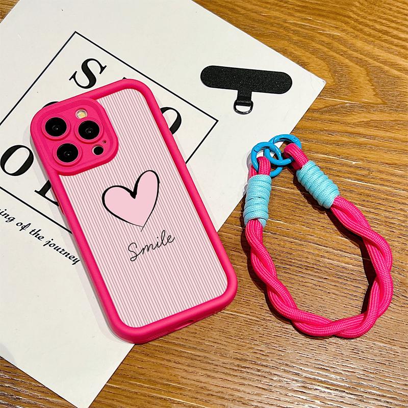 Fashion Smile Pink Love Heart Soft Lanyard Rope Phone Case For iPhone 15 14 13 12 11 16 Pro Max X XS XR 7 Plus Shockproof Cover