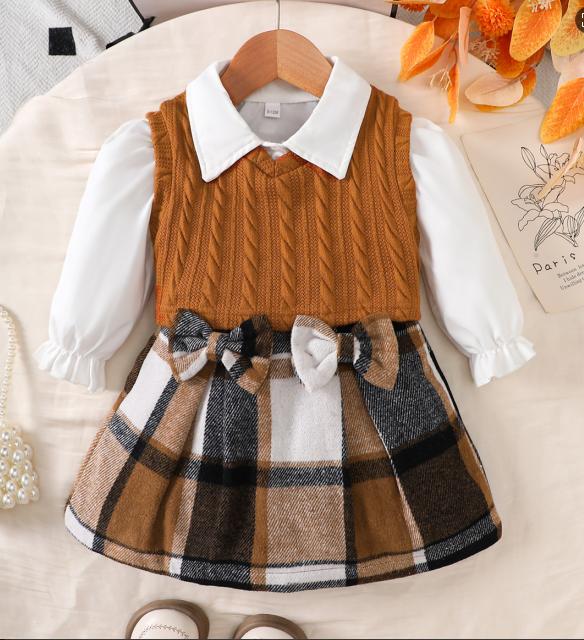 3PCS Girls Knit Vest, Puff Sleeve Shirt & Plaid Skirt Set with Bow Detail 6-9M сплав оранжевый