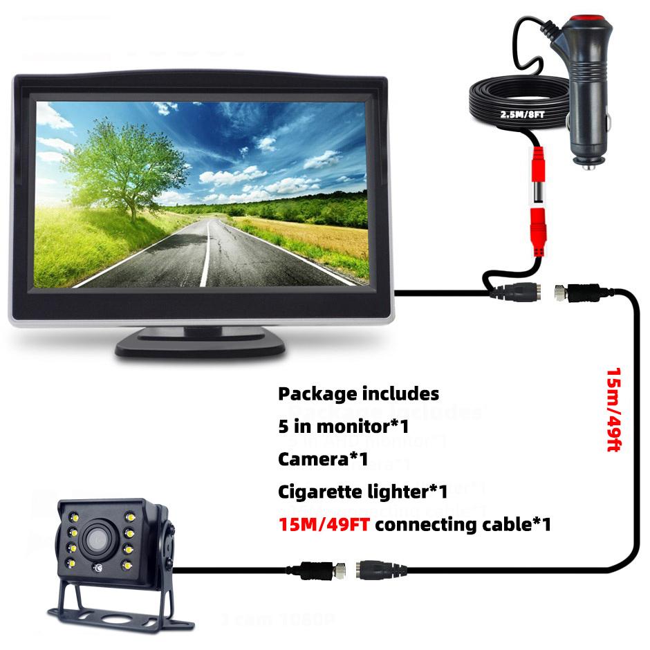 QXNY Universal Car Rear View Backup Camera with 5 Inch Monitor for Truck CCD HD Screen LED Night Vision Waterproof 12V/24V