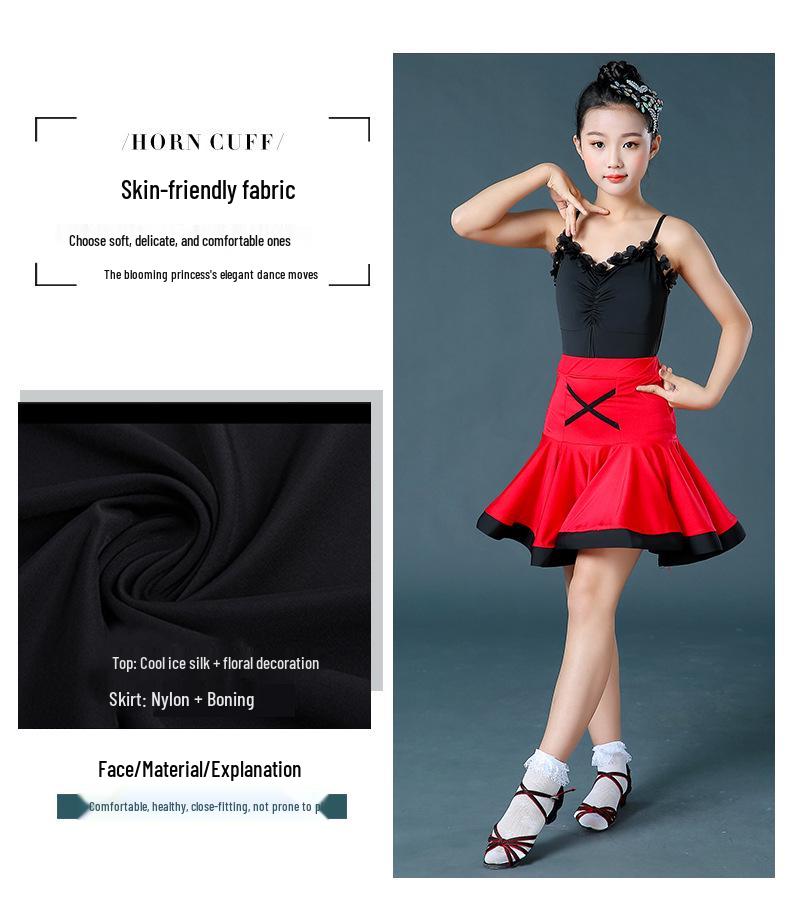 Children's Summer Latin Dance Costume - Girls' Short Sleeve Spaghetti Strap Skirt Set