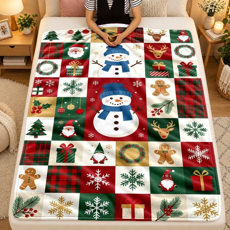 Christmas Theme Flannel Blanket, Warm Soft Throw Blanket, Xmas Holiday Home Gift