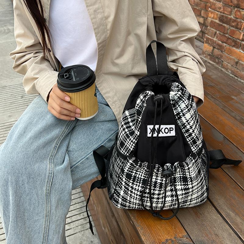 Woolen Plaid Drawstring Shoulder Bag Trendy Student Schoolbag Simple Personalized Backpack